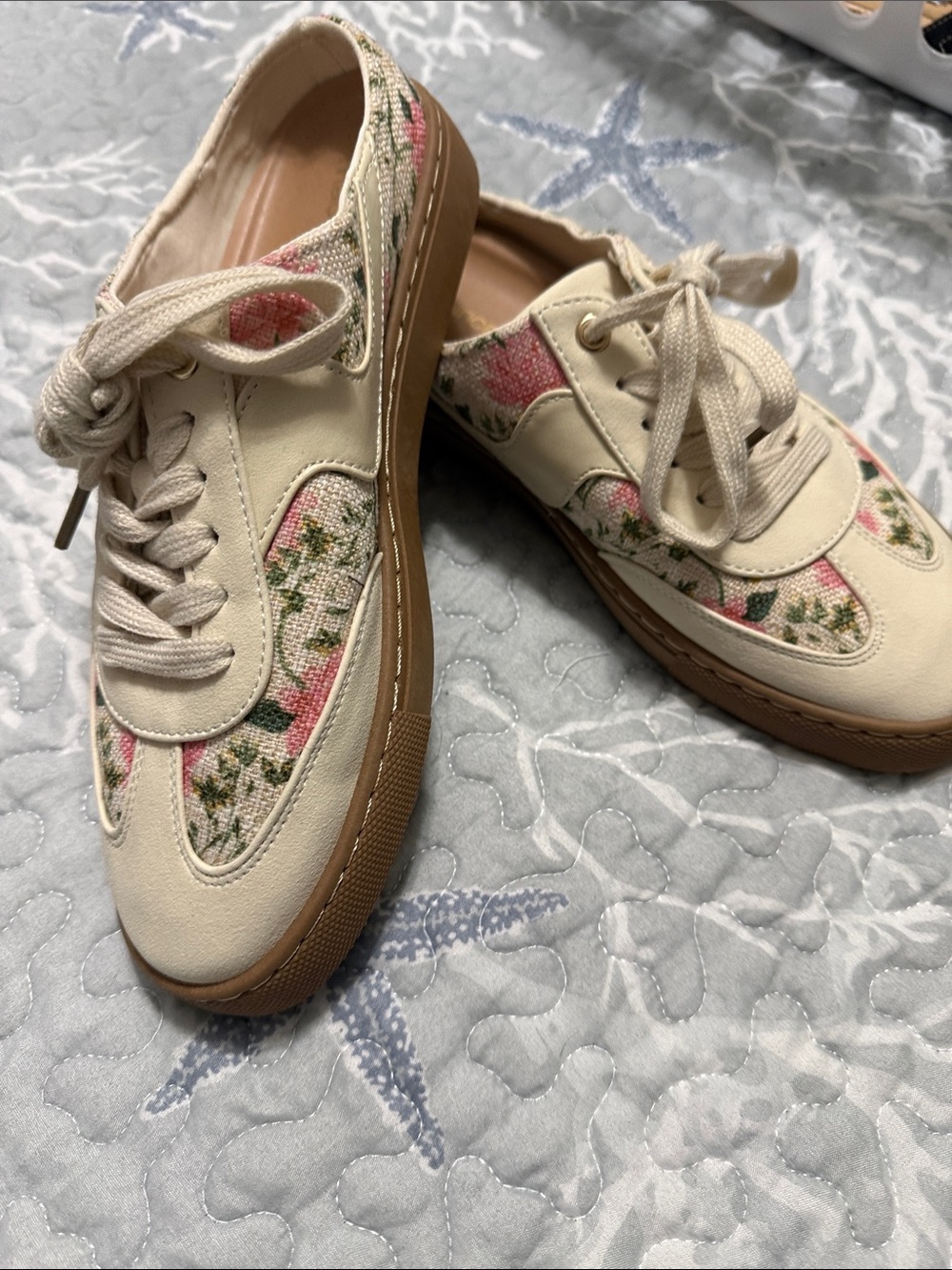 Maurices Cream Sneakers with Pink Floral Panels